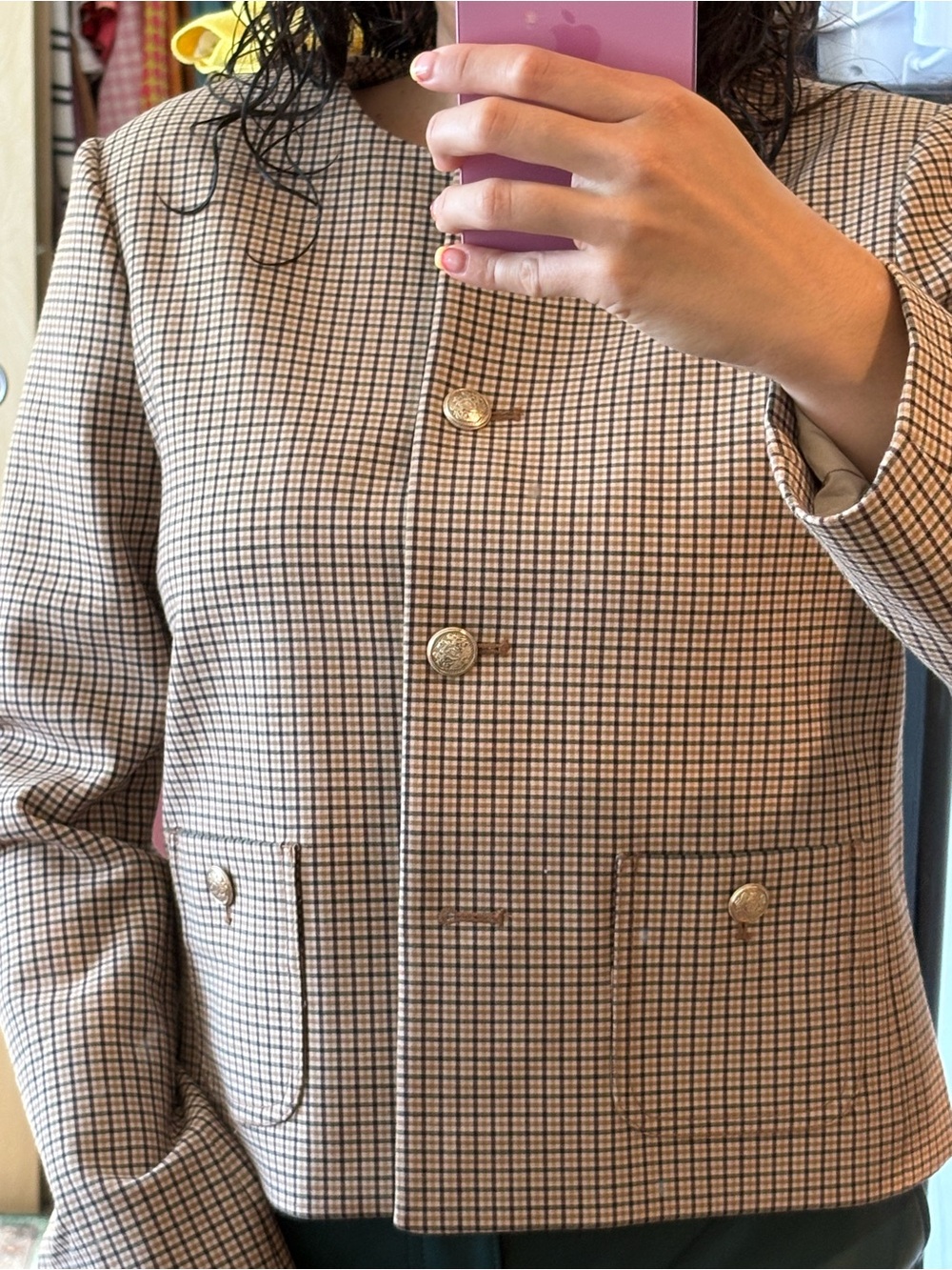 LOFT Beige Checked Collarless Blazer with Gold Buttons